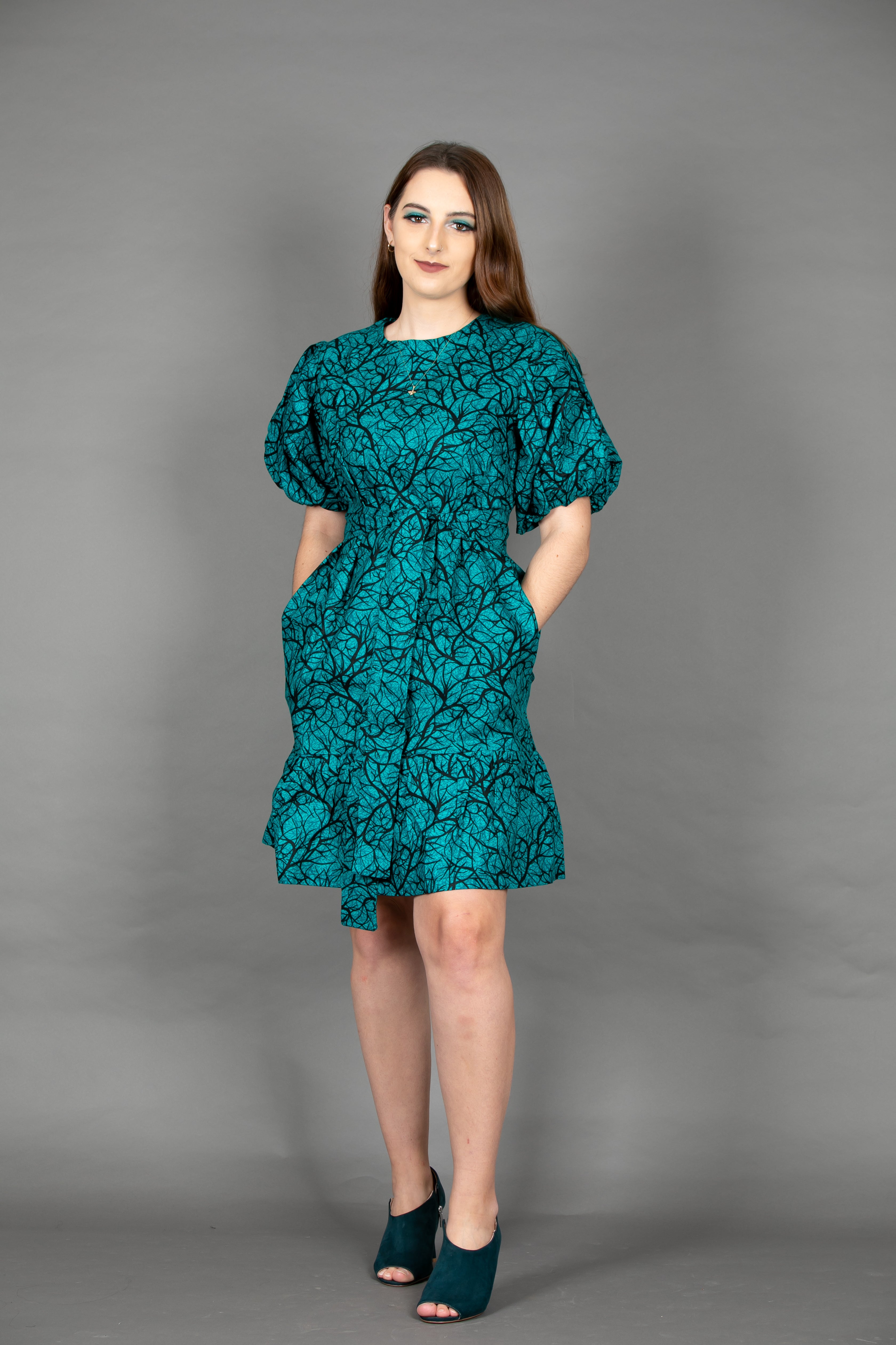 Temad collections Ankara african print ruffle mini dress puff sleeves green