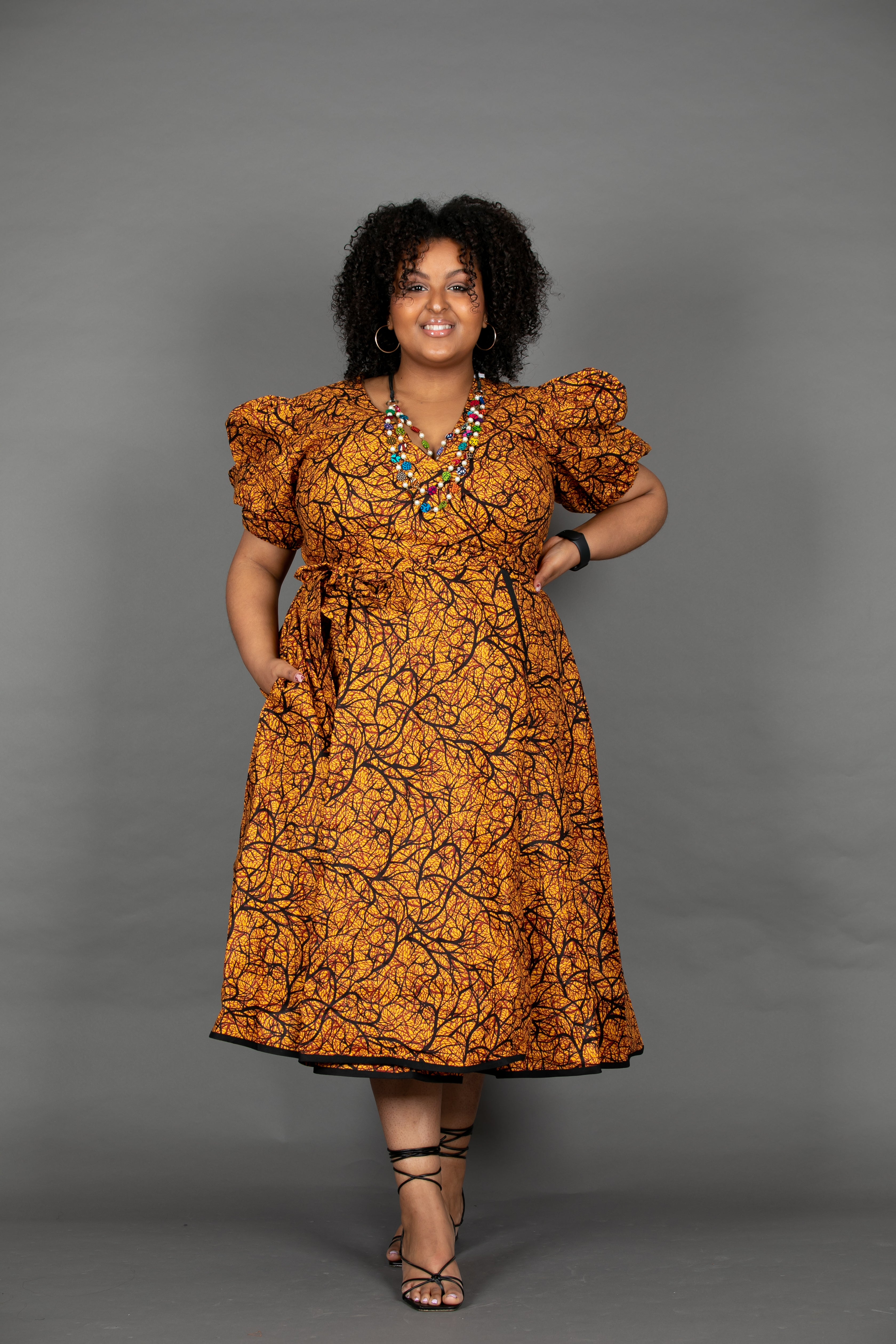 Temad collections Ankara african print midi wrap dress puff sleeves