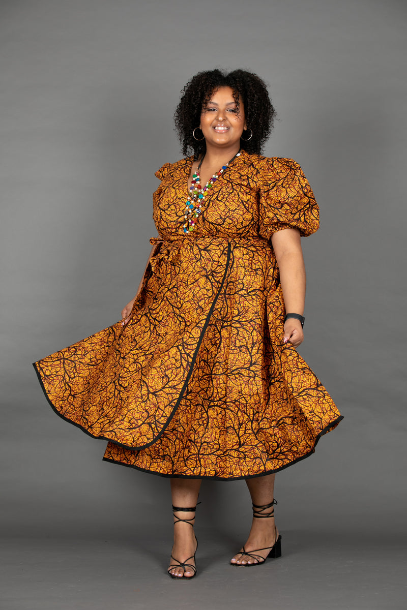 Temad collections Ankara african print midi wrap dress puff sleeves