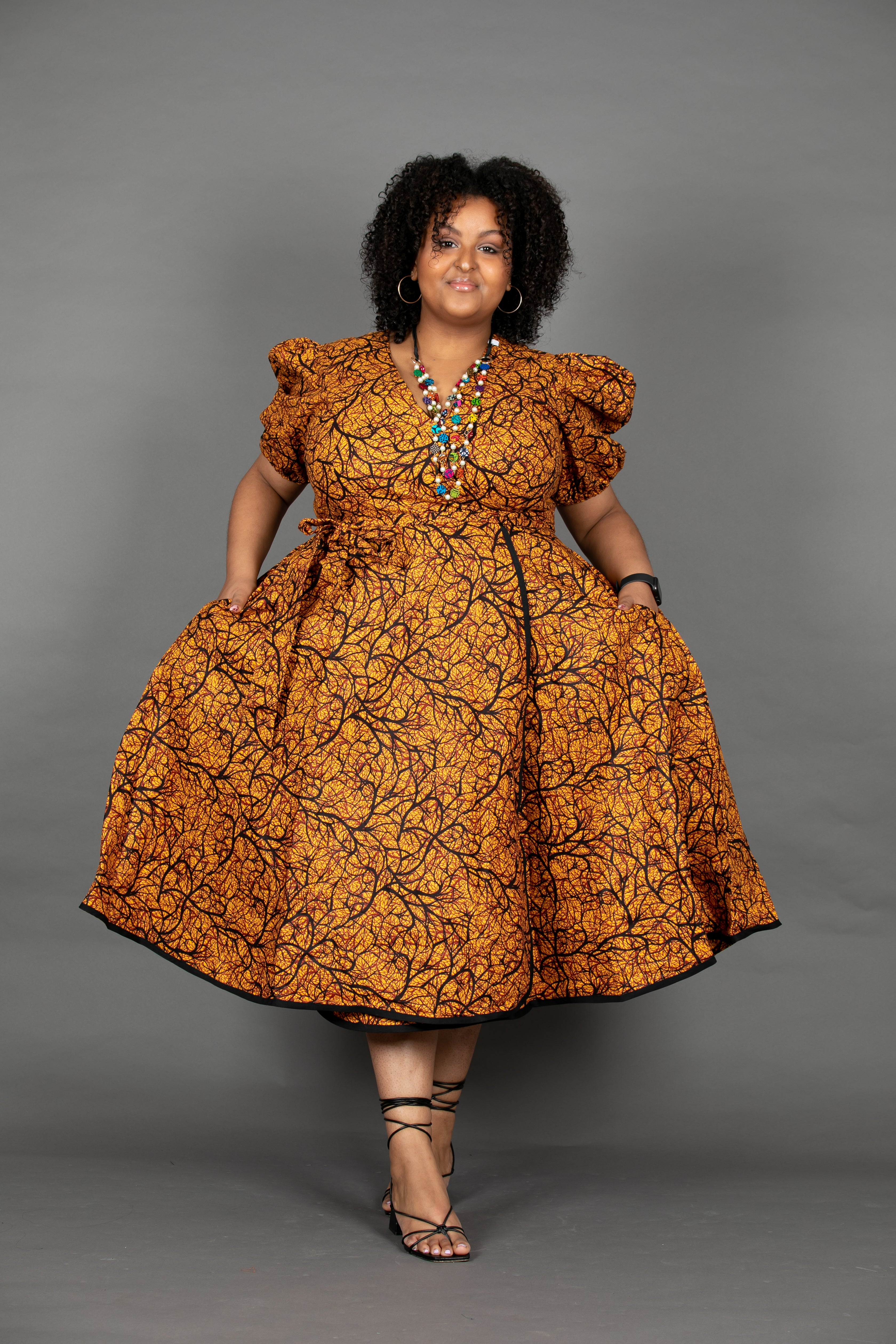Temad collections Ankara african print midi wrap dress puff sleeves