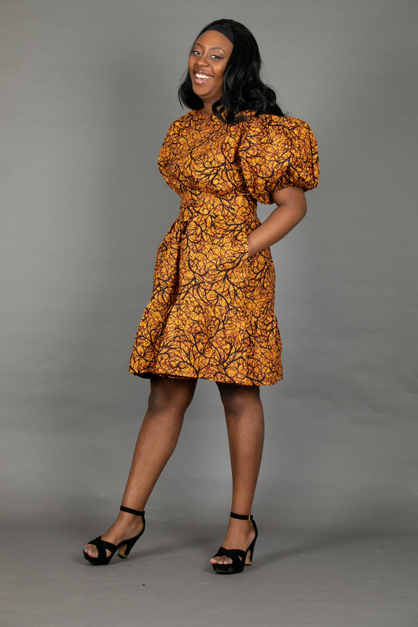 Temad collections Ankara african print ruffle mini dress puff sleeves orange