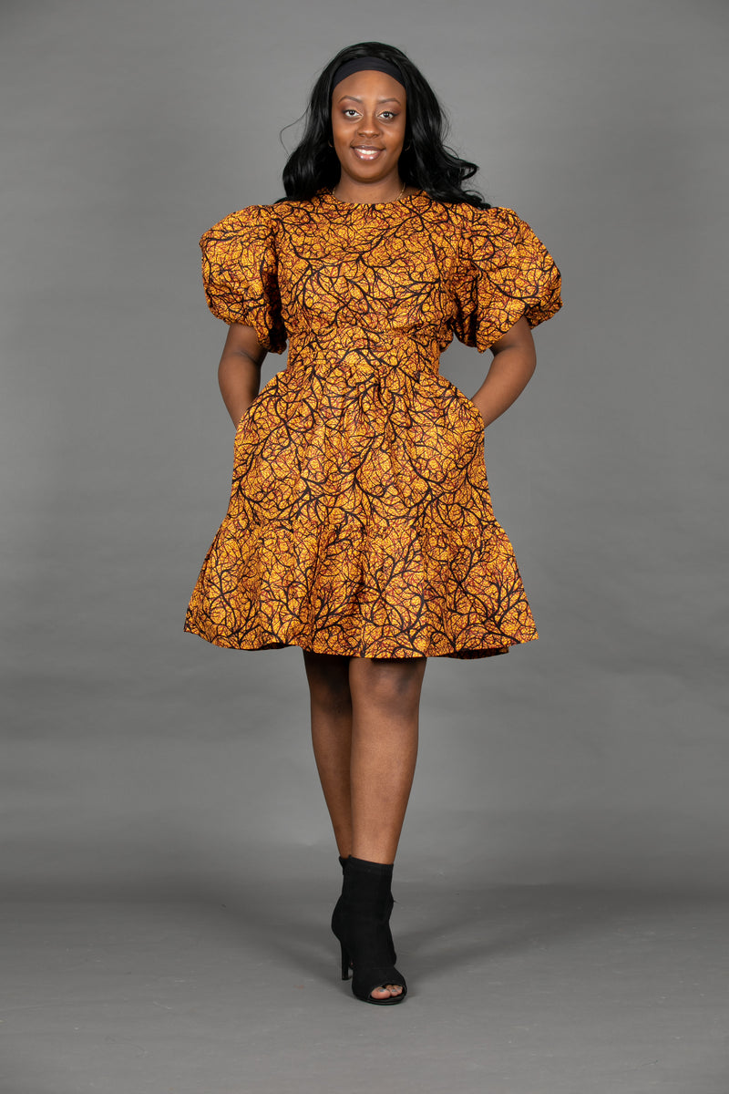 Temad collections Ankara african print ruffle mini dress puff sleeves orange