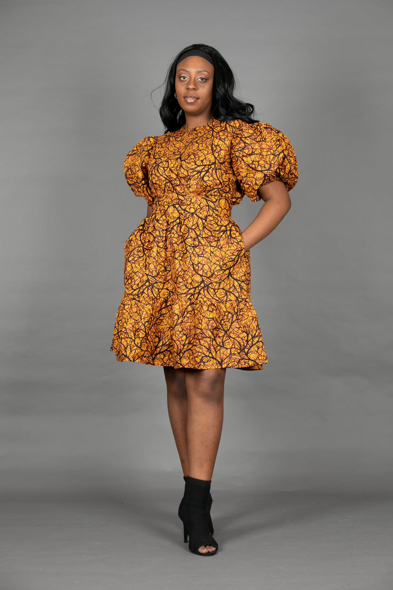 Temad collections Ankara african print ruffle mini dress puff sleeves orange