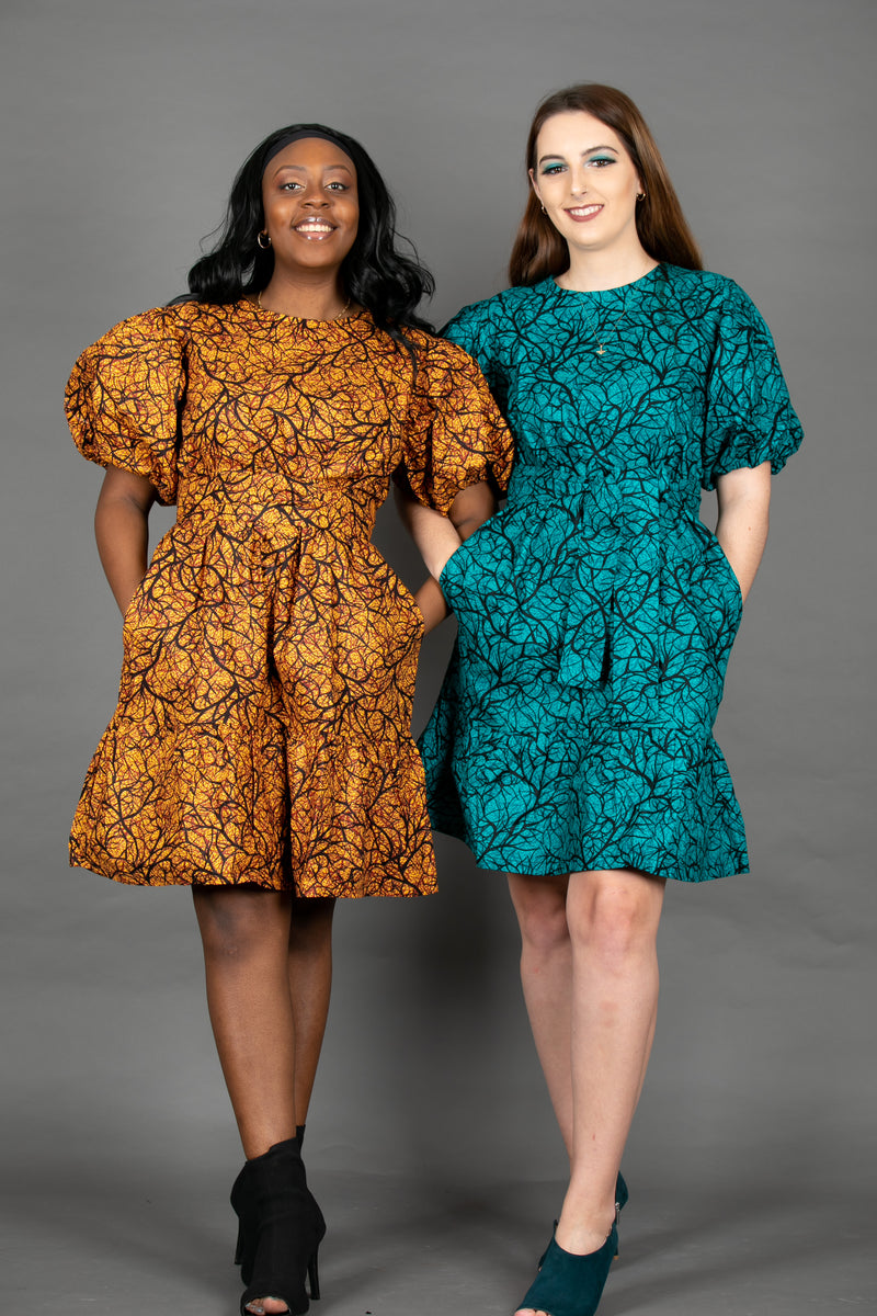 Temad collections Ankara african print ruffle mini dress puff sleeves orange