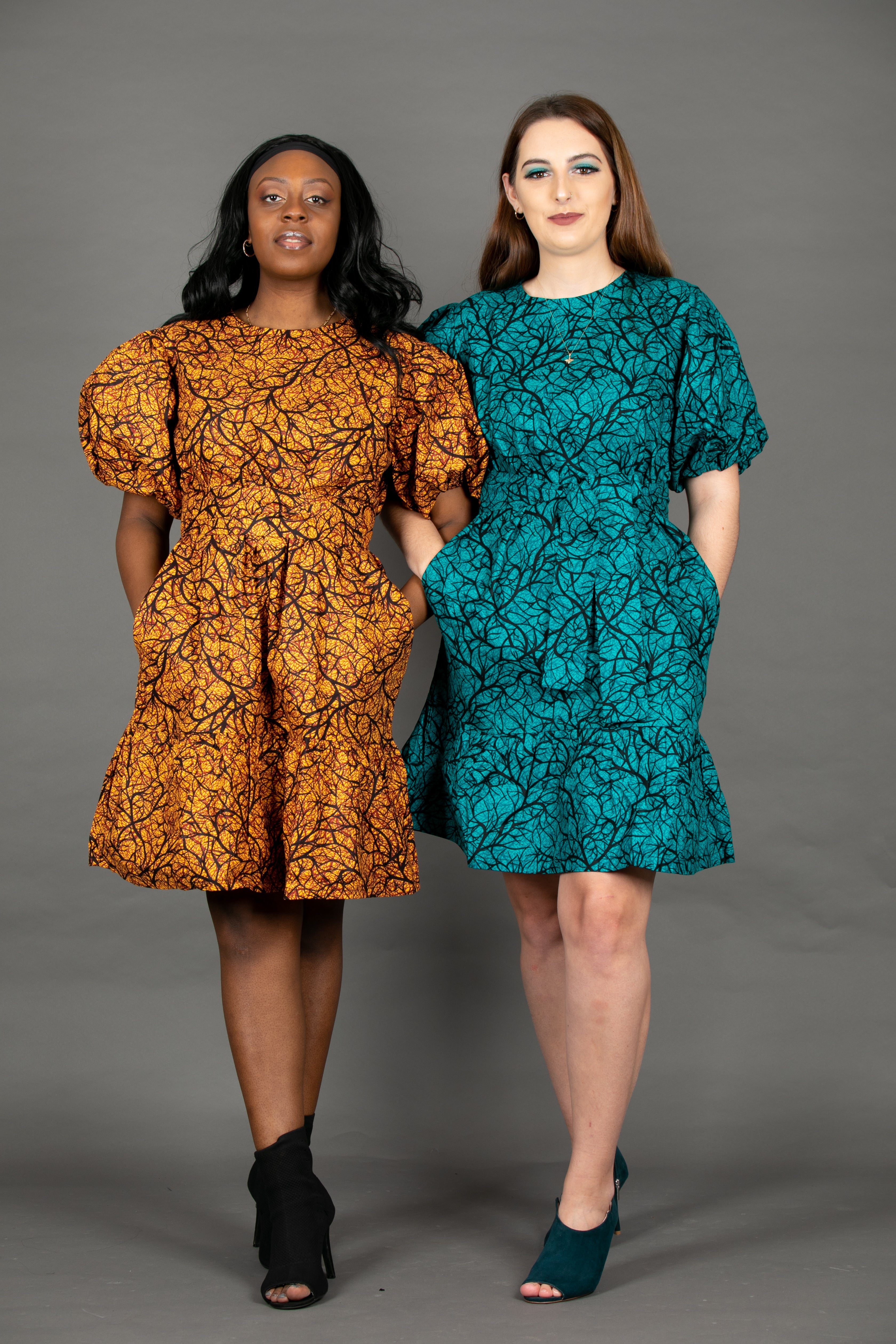Temad collections Ankara african print ruffle mini dress puff sleeves green