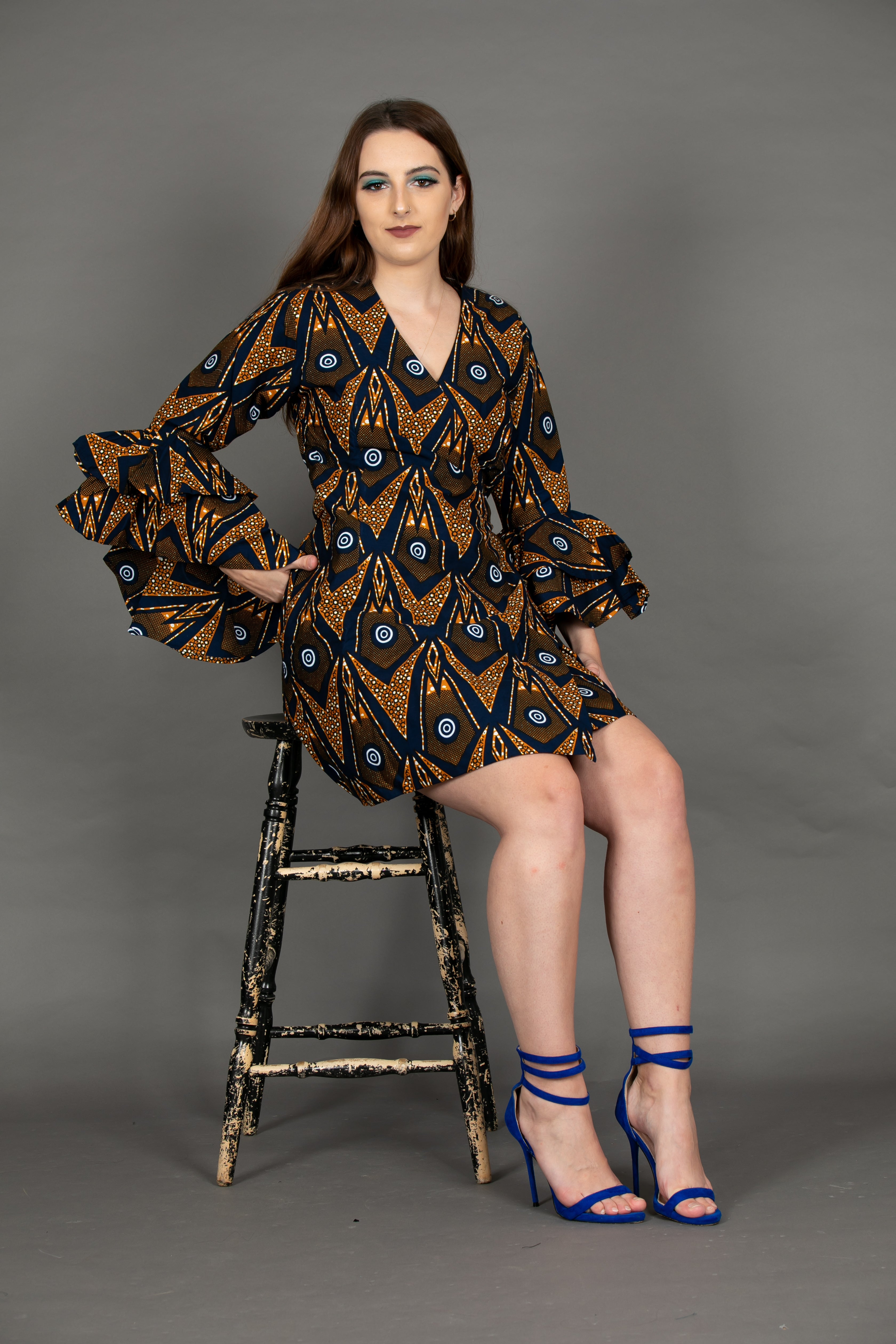 temad collections franci african print ankara  wrap dress jacket blue exaggerated sleeves