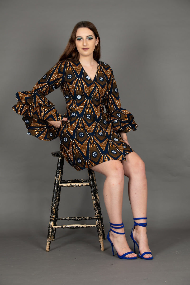 temad collections franci african print ankara  wrap dress jacket blue exaggerated sleeves