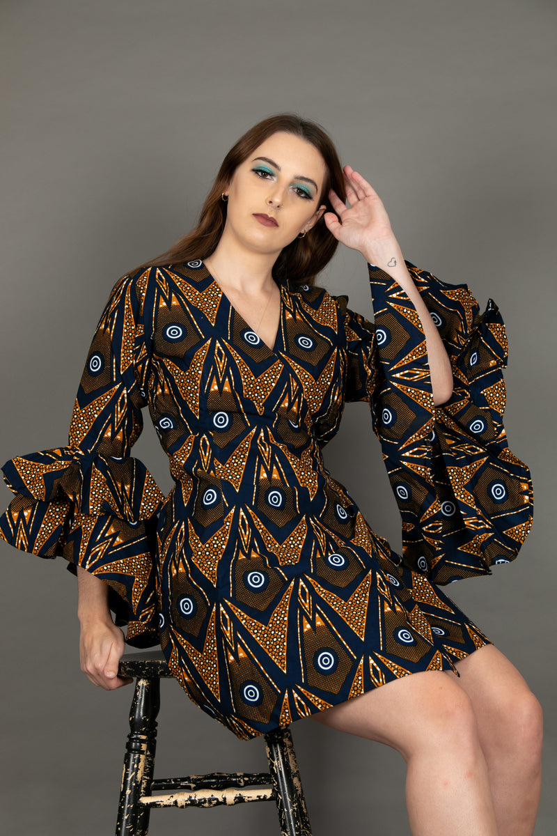 temad collections franci african print ankara  wrap dress jacket blue exaggerated sleeves