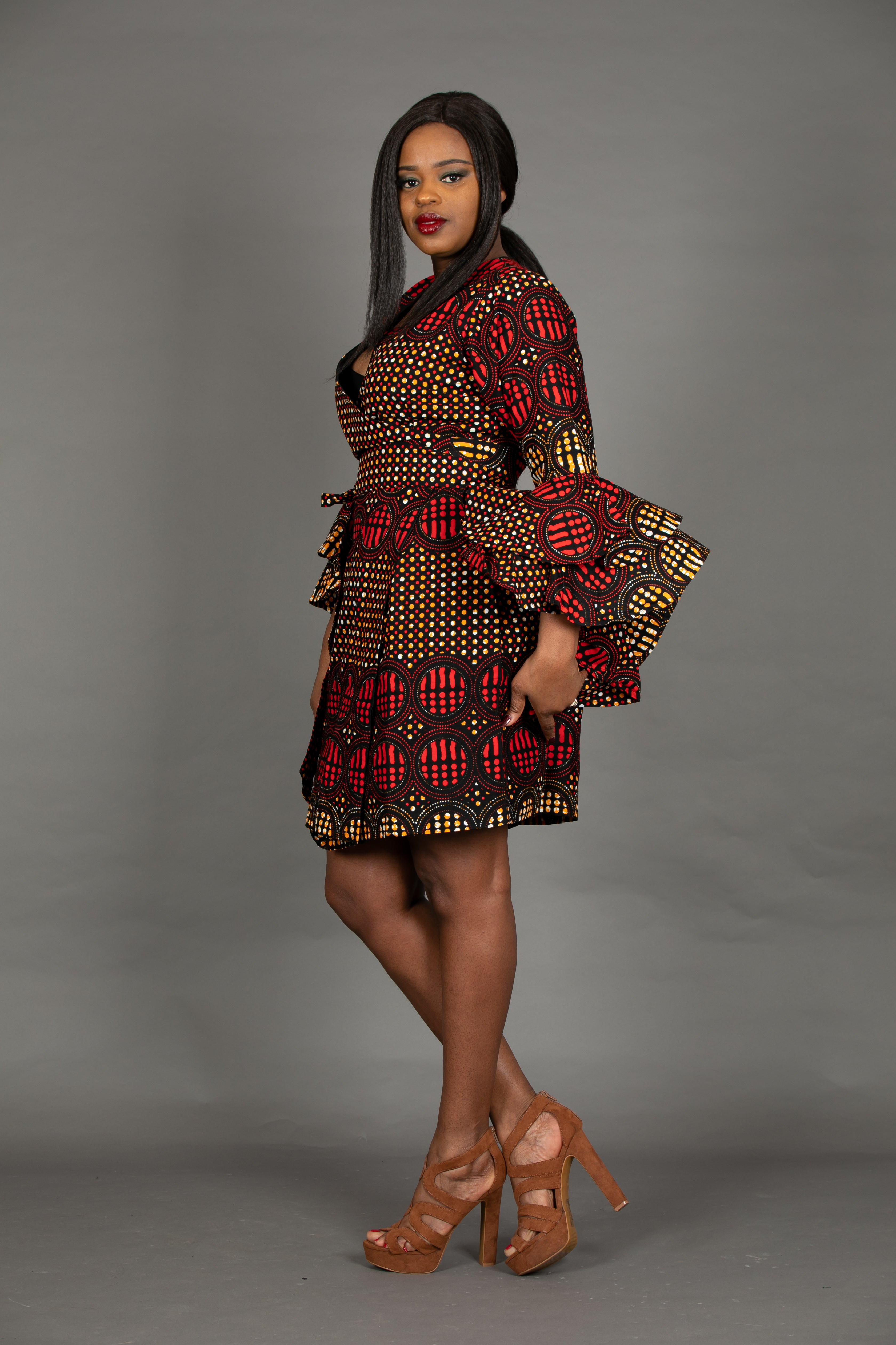temad collections franci african print ankara  wrap dresstemad collections franci african print ankara  wrap dress jacket red exaggerated sleevesjacket red exagerrated sleeves
