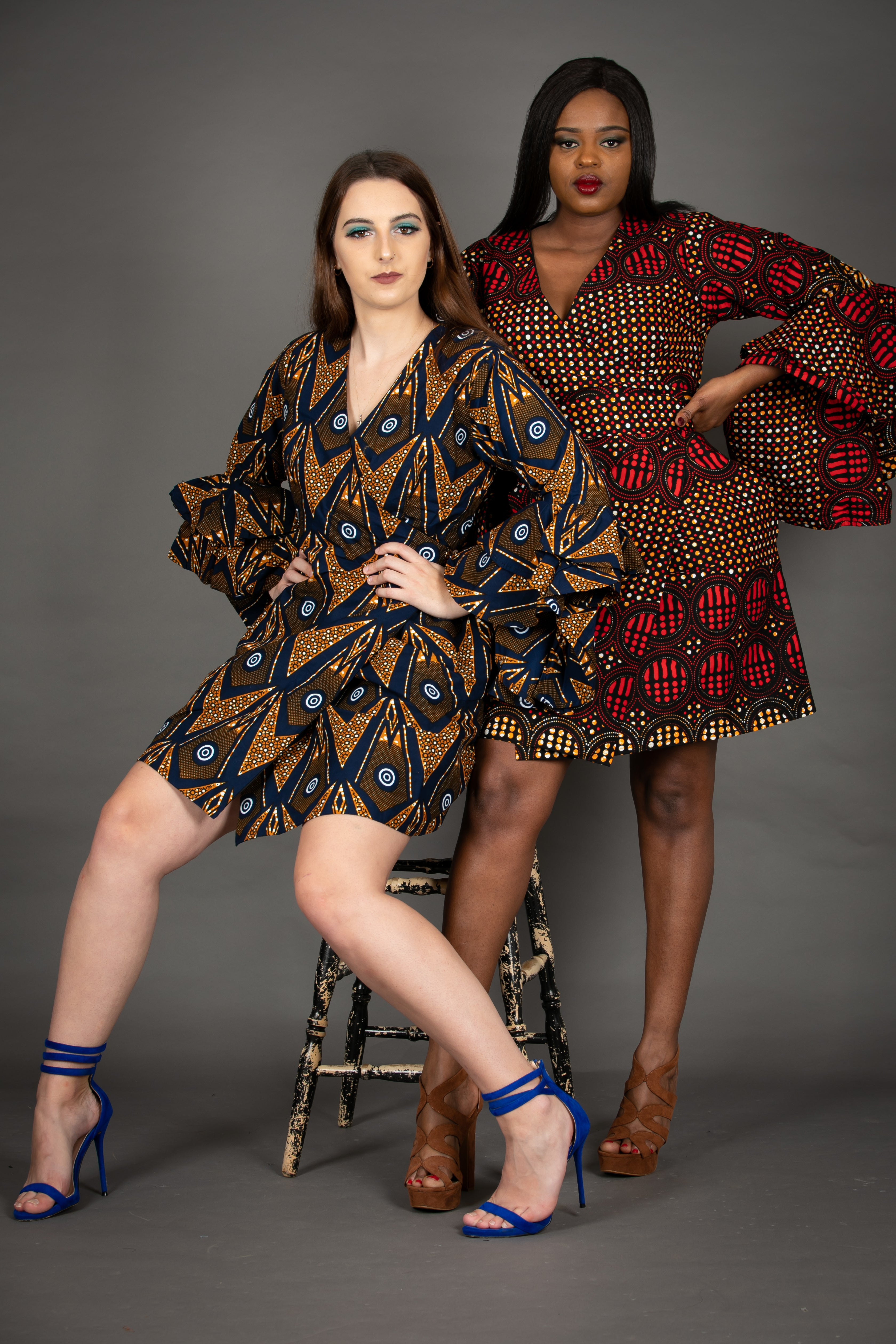 temad collections franci african print ankara  wrap dress jacket blue exaggerated sleeves