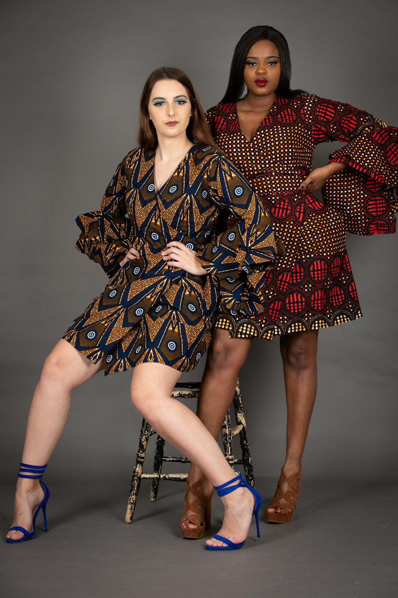 temad collections franci african print ankara  wrap dress jacket blue exaggerated sleeves