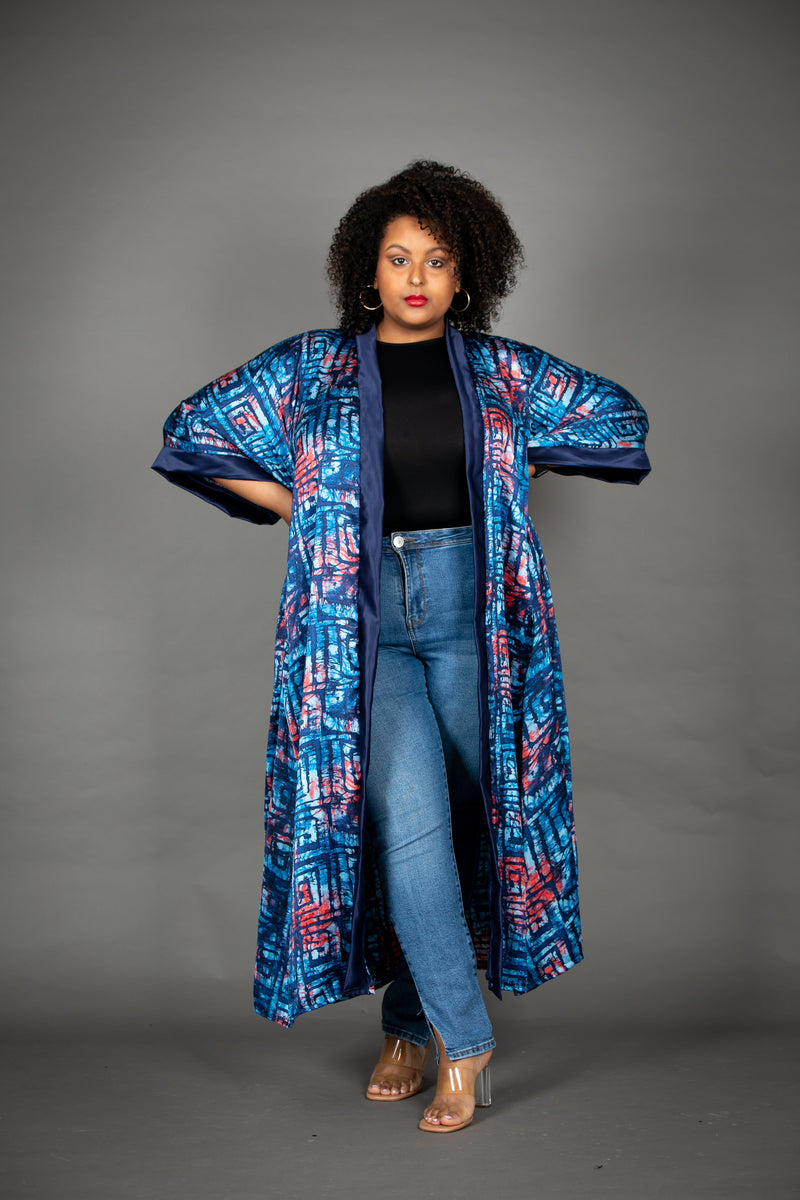 TEMAD Collections adire silk tie dye long kimono jacket coat 