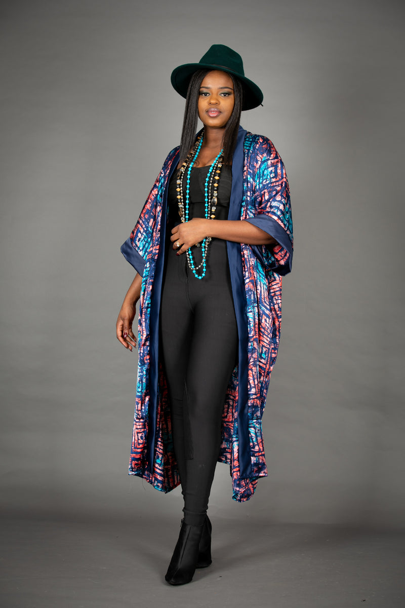 TEMAD Collections adire silk tie dye long kimono jacket coat 