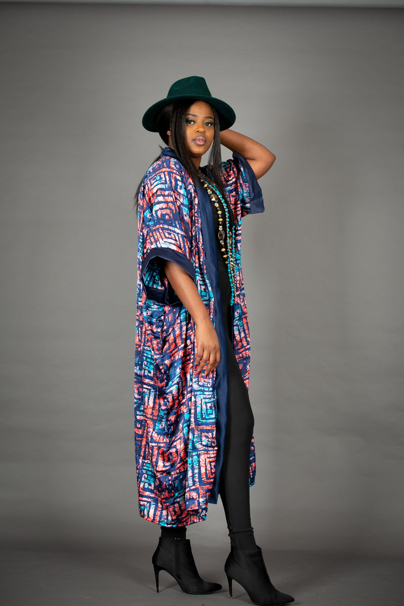 TEMAD Collections adire silk tie dye long kimono jacket coat 