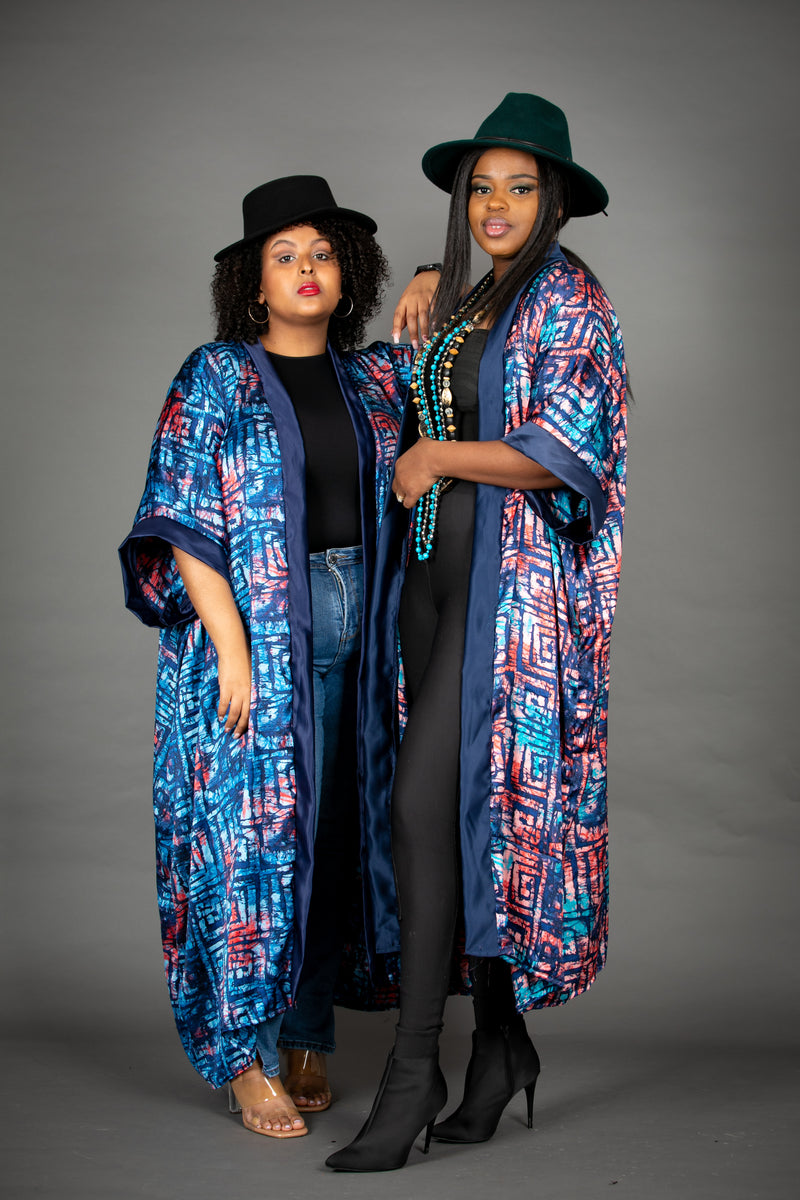 TEMAD Collections adire silk tie dye long kimono jacket coat 