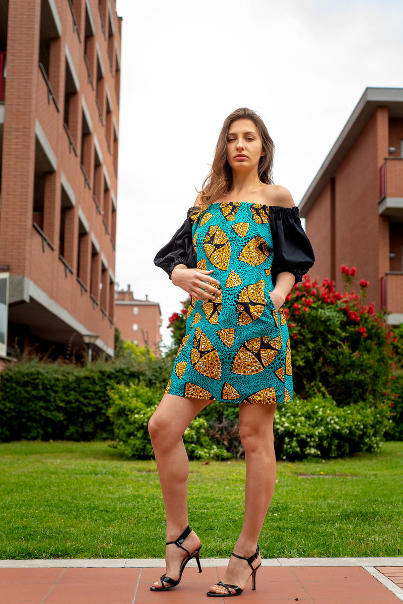 TemAD african print ankara bardot dress with pockets knee length