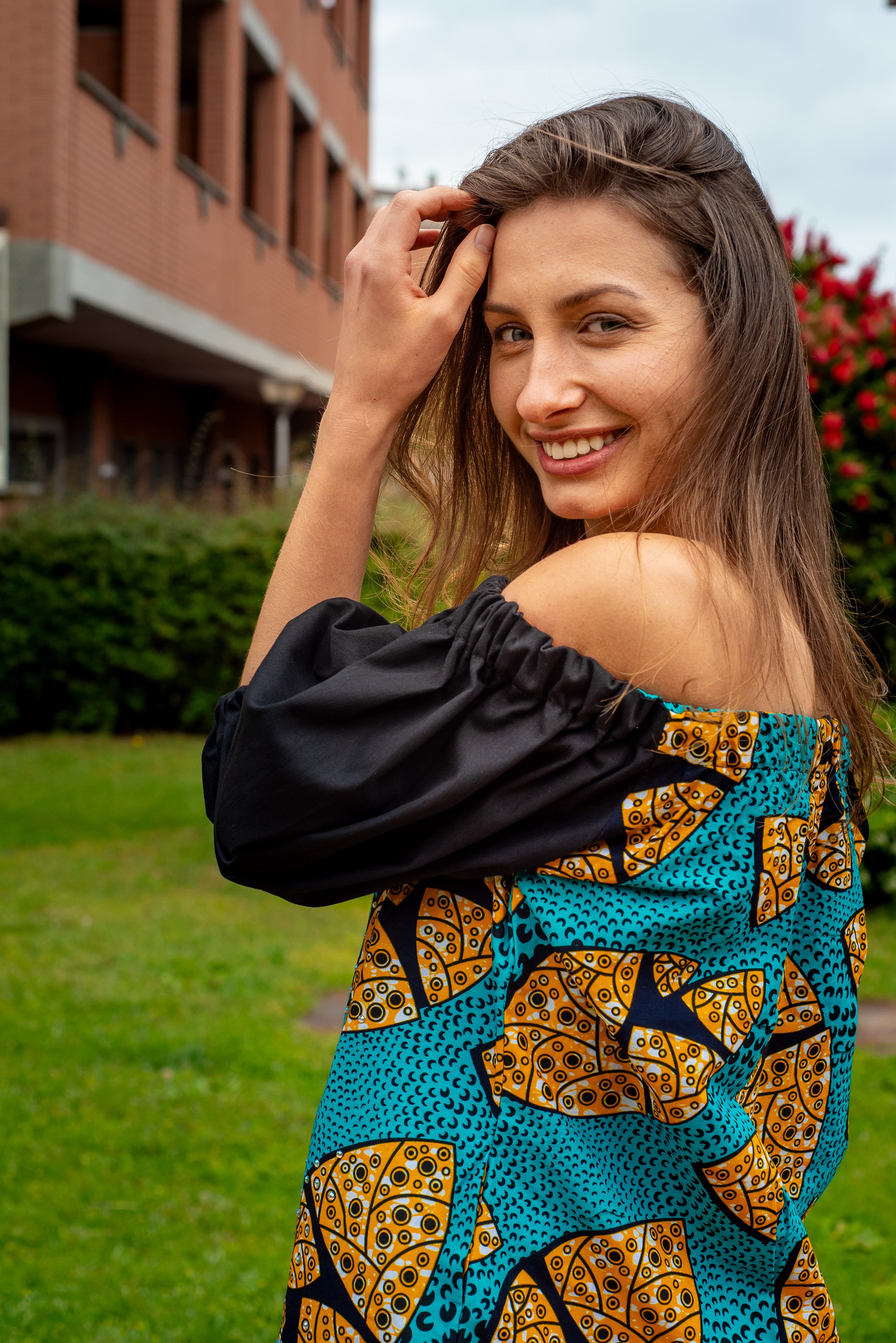 TemAD african print ankara bardot dress with pockets knee length