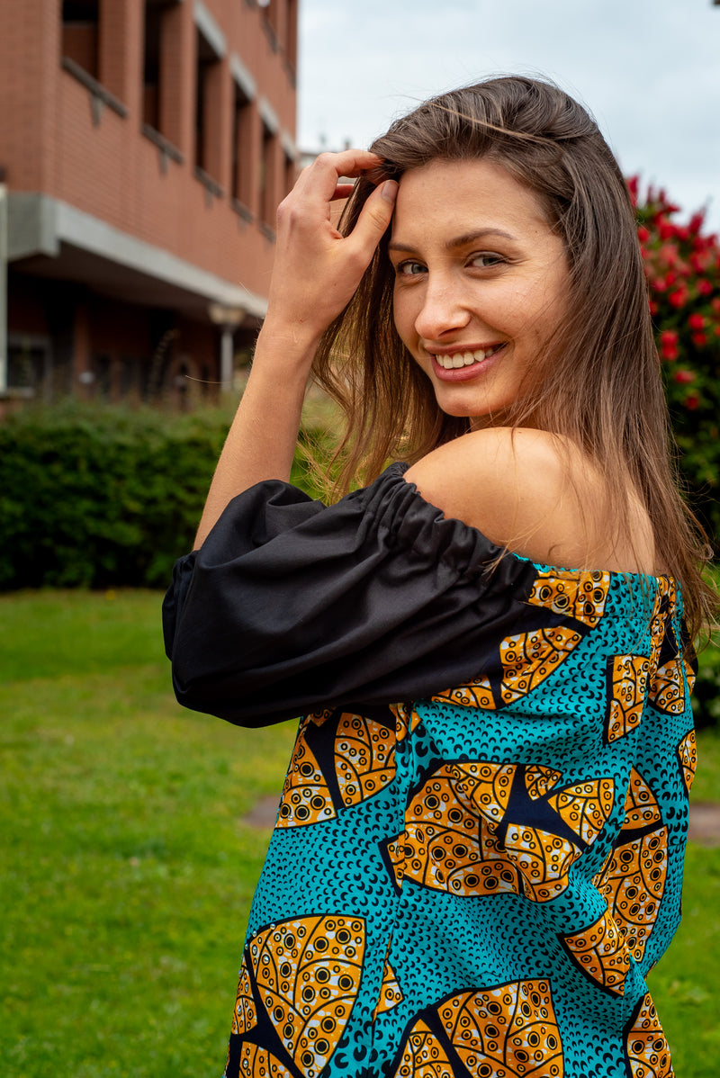 TemAD african print ankara bardot dress with pockets knee length