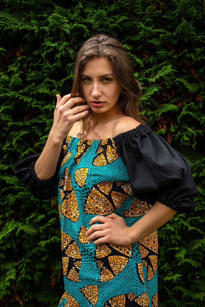 TemAD african print ankara bardot dress with pockets knee length