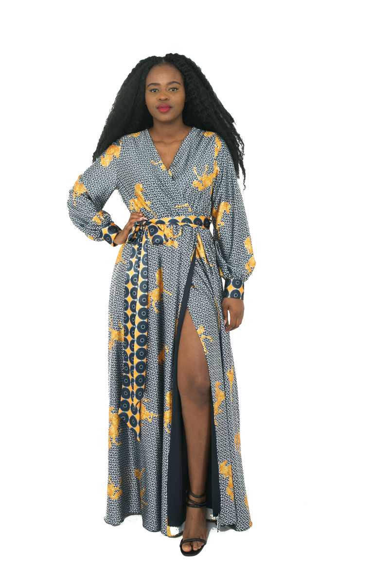 TemAD african print ankara maxi wrap  dress with a silt fully lined long sleeves