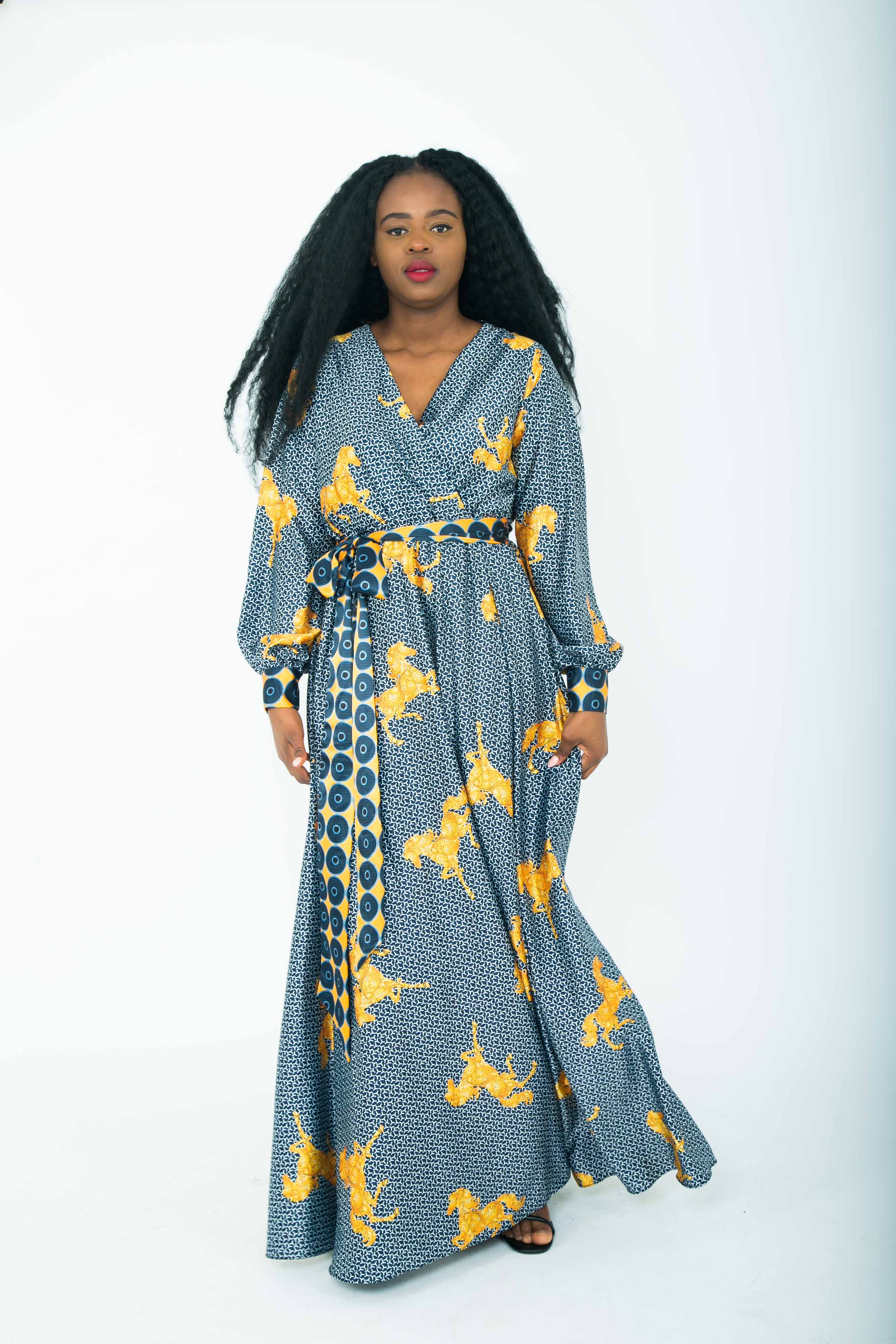 TemAD african print ankara maxi wrap  dress with a silt fully lined long sleeves