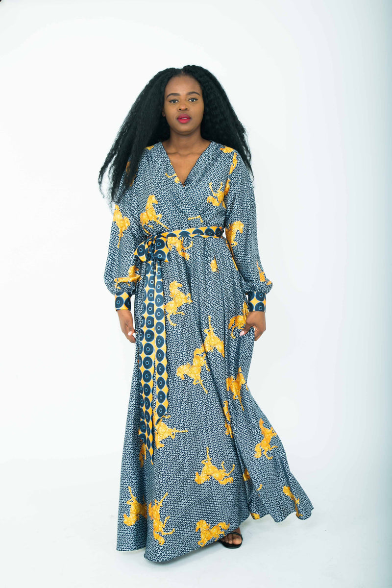 TemAD african print ankara maxi wrap  dress with a silt fully lined long sleeves