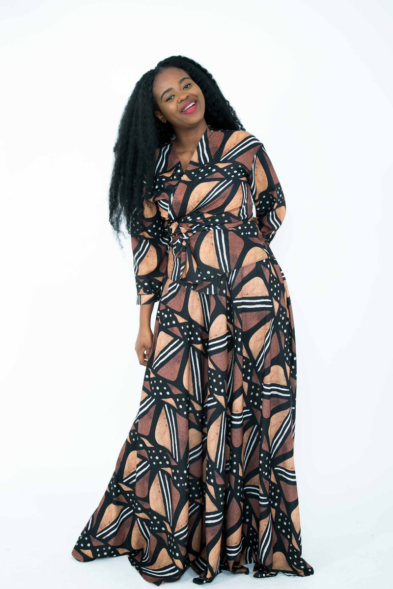 TemAD african print ankara wrap top long sleeves with belt and maxi skirt linea di Africa set 