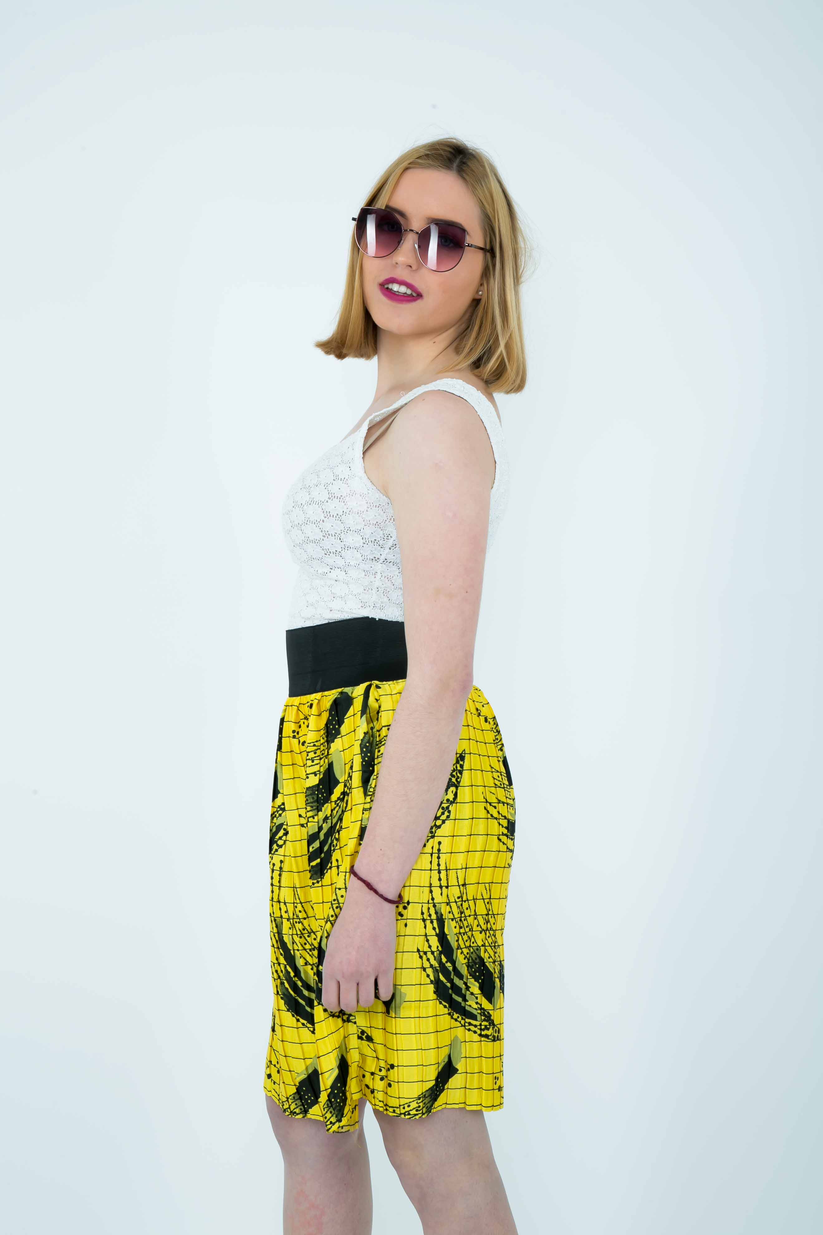 Temad collections Ankara yellow silk pleated mini skirt with pockets and elasticated band