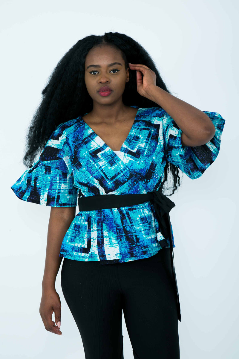 TemAD african print ankara wrap top short sleeves with belt