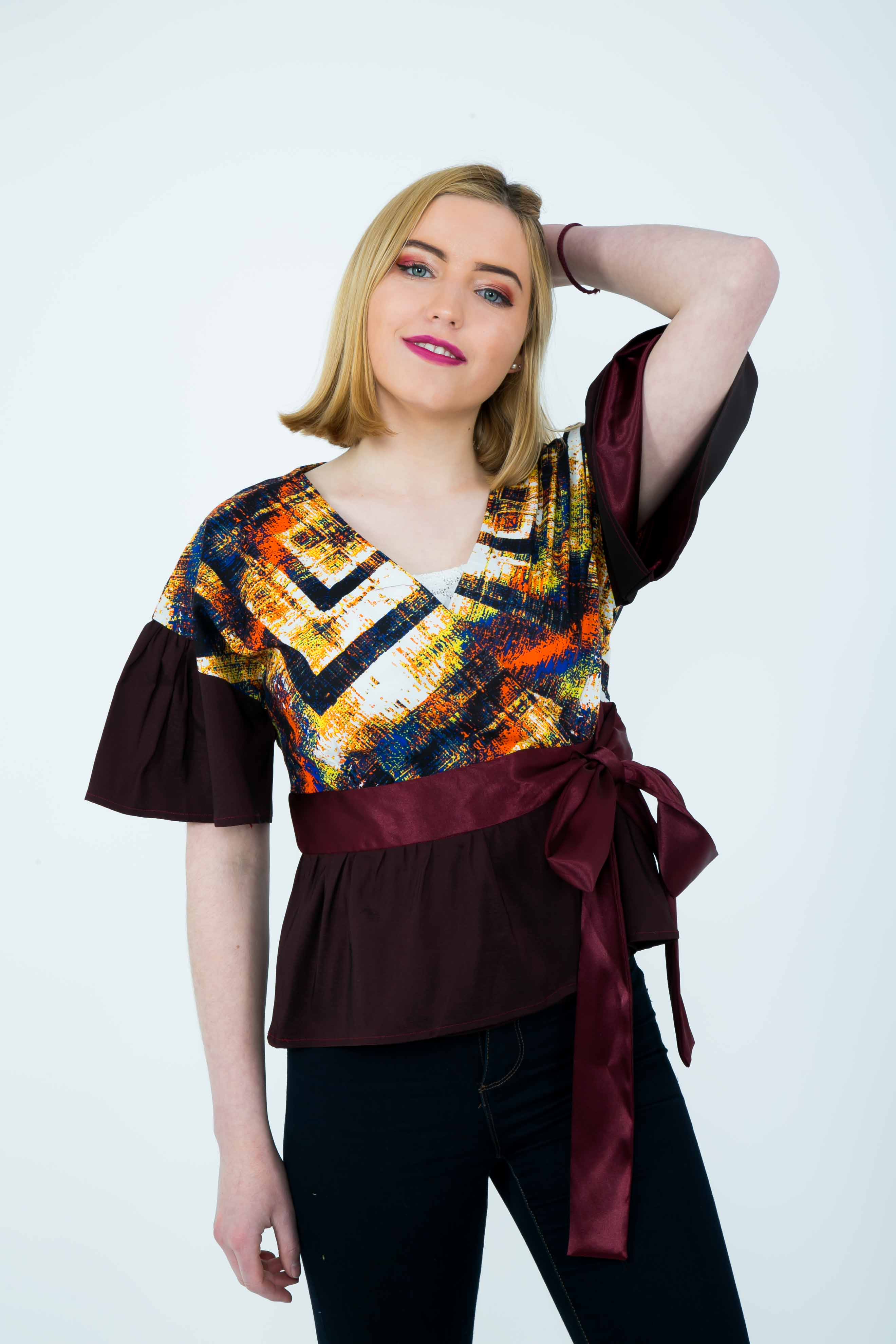 TemAD african print ankara wrap top short sleeves with belt