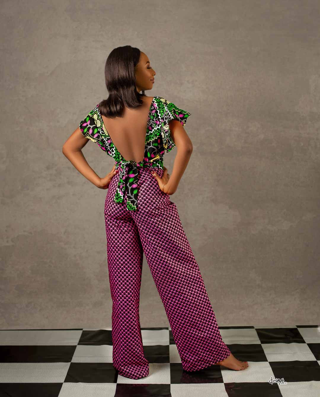 Temad african print ankara backless top with flared sleeves tie back crop top