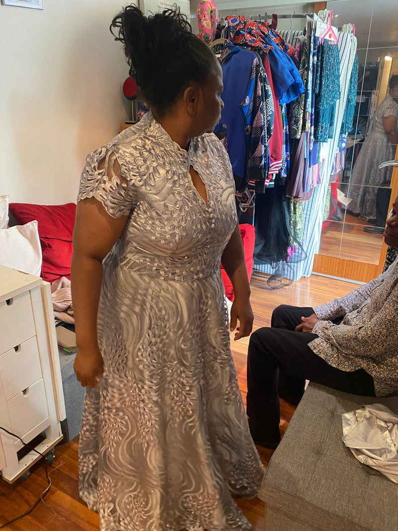 Silver wedding guest dress