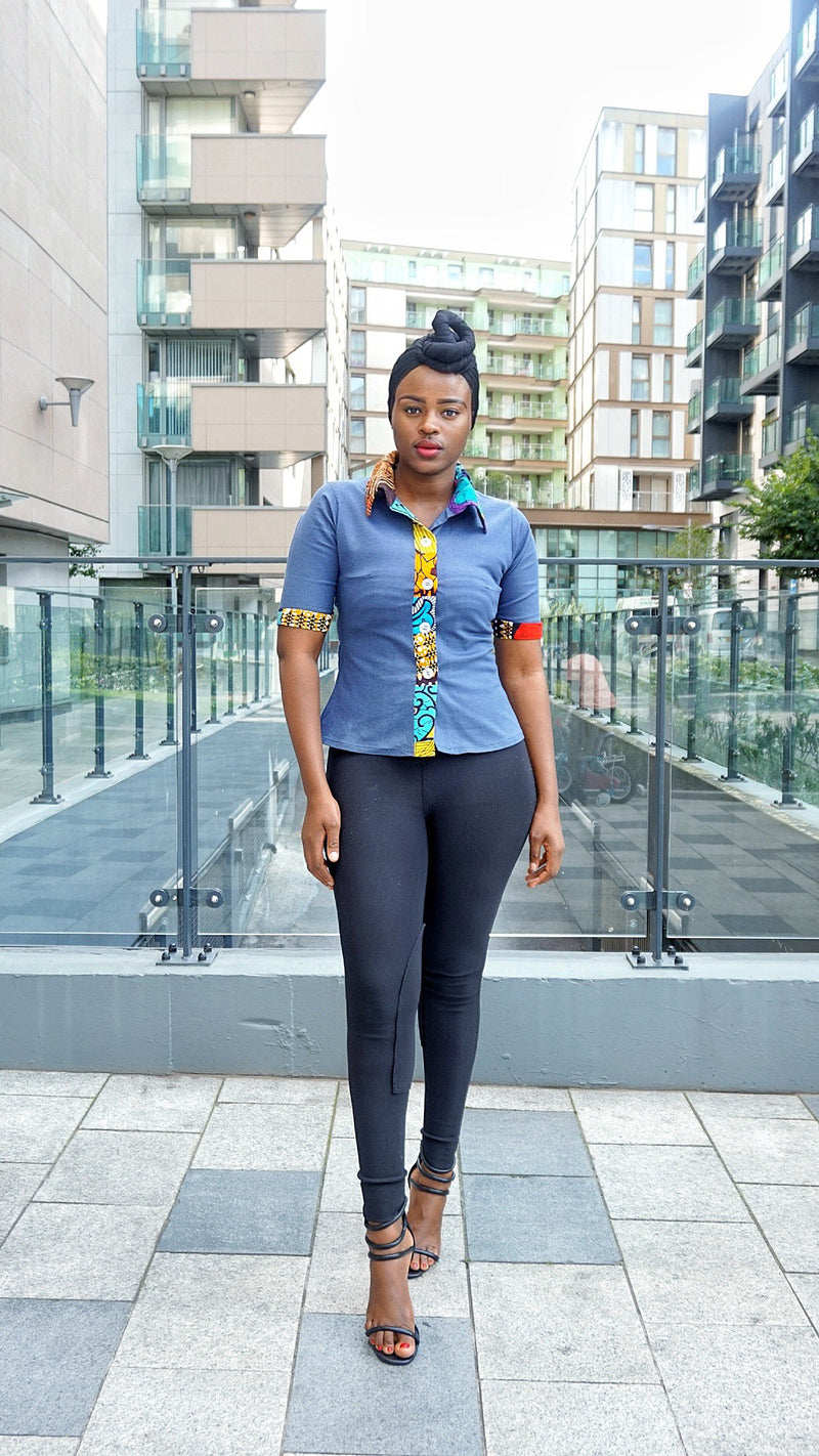 TemAD African print Ankara denim short sleeve shirt