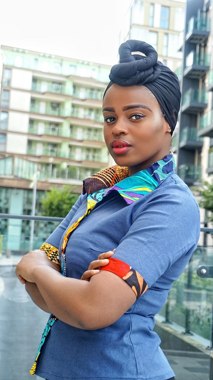 TemAD African print Ankara denim short sleeve shirt