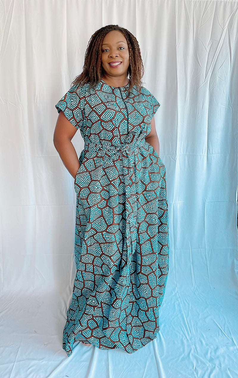 temad collections liquorice maxi front zipper belted african print ankara maxi dress 