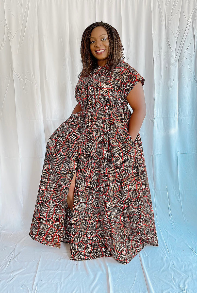 temad collections liquorice maxi front zipper belted african print ankara maxi dress 