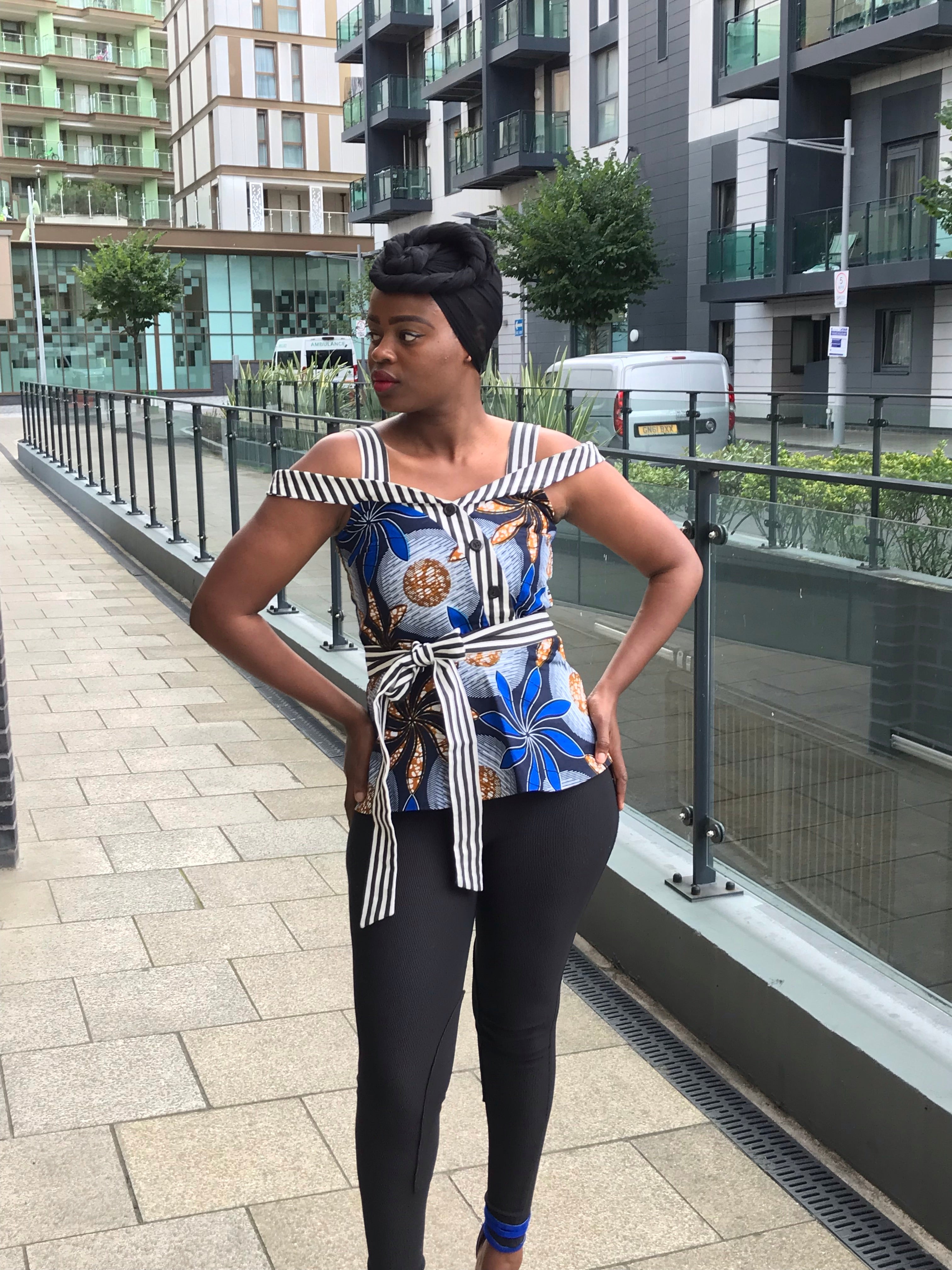 African print Ankara  peplum top with stripe details and skirt  TemAD